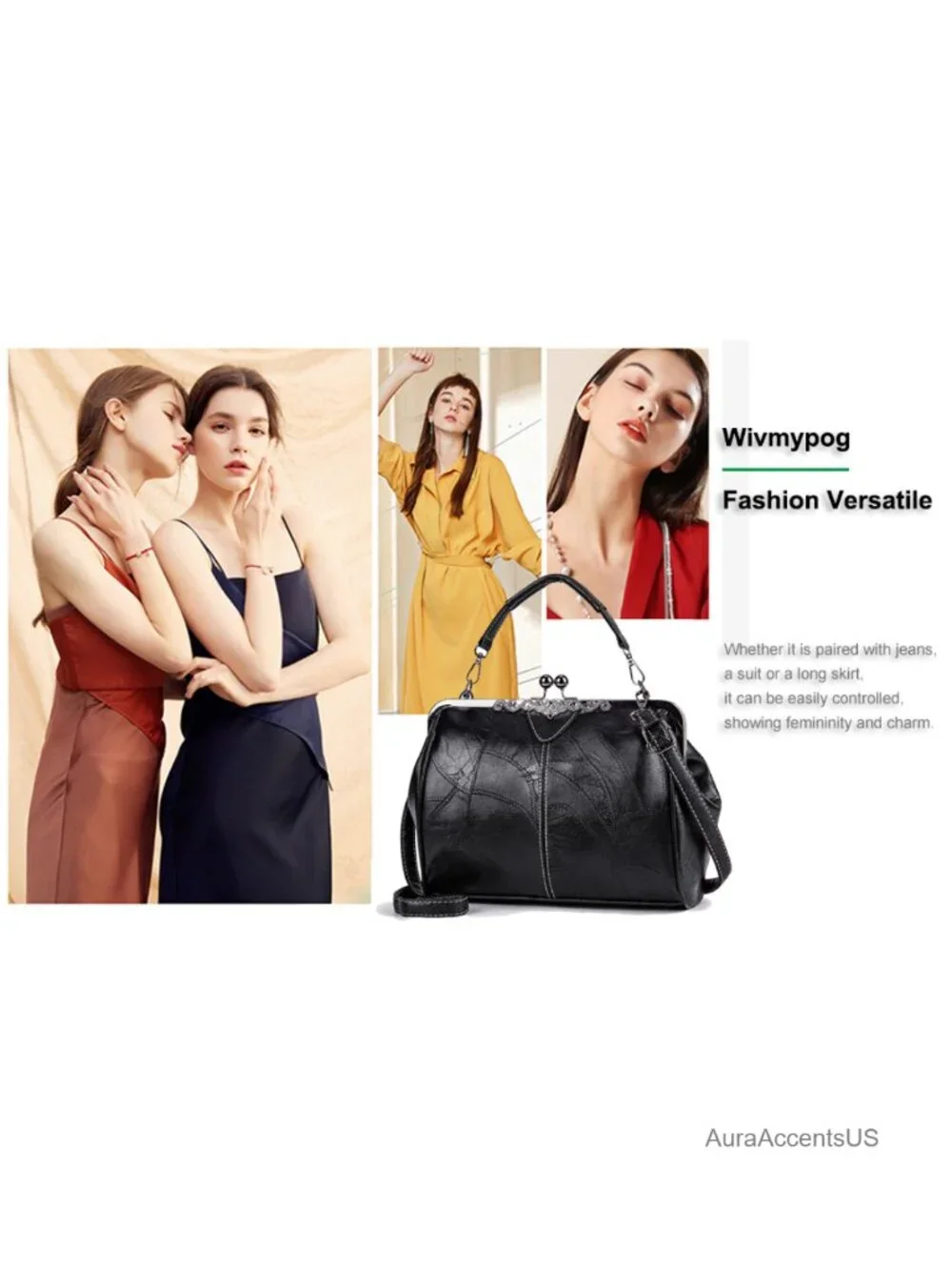 Vintage Faux Leather Kiss Lock Crossbody Satchel Purse Handbag Shoulder Bag